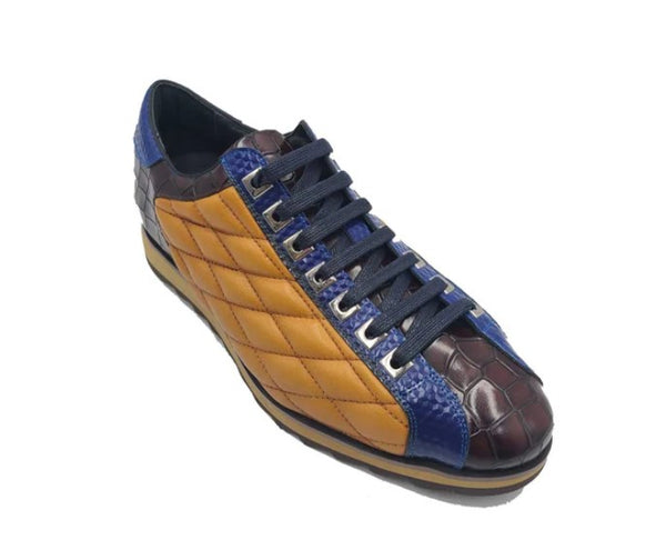 Carrucci Quilted Leather Sneaker - Cognac/Blue