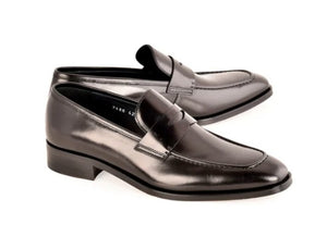 A pair of men's black leather penny loafers with a glossy finish, displayed on a clean white background.