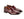 A pair of glossy dark burgundy leather penny loafers with a low stacked heel, displayed on a clean white background.