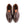 A pair of dark brown leather slip-on loafers with a tan leather pull tab and black insole branding, shown from a top-down view on a white background.
