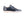 A single men's slip-on leather shoe in dark navy blue with a light beige sole, shown in a side profile against a white background.
