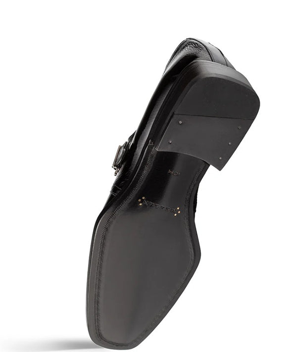 A black leather dress shoe shown from sole sid´, highlighting the side profile, heel, and sole details against a clean white background.