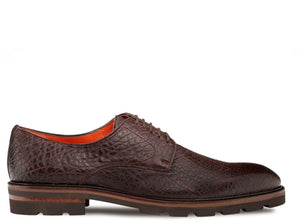 A dark brown textured leather oxford shoe with a laced-up front, set against a plain white background.