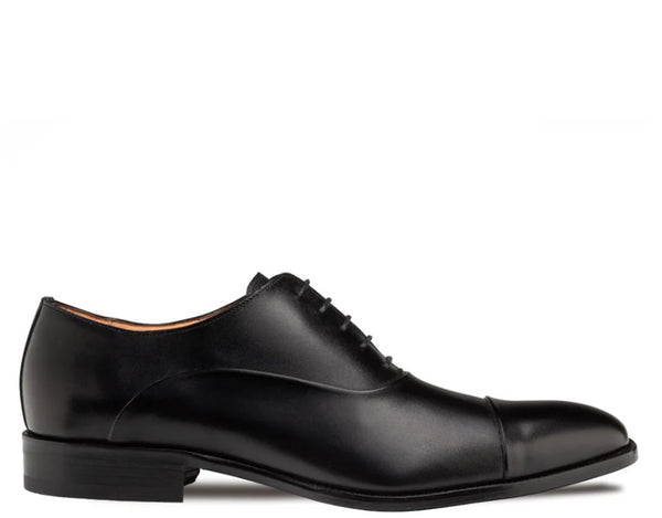 A classic black leather cap-toe oxford shoe shown in a side profile on a white background.