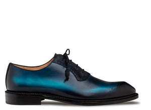 A single men's oxford dress shoe in glossy dark blue and teal gradient finish, featuring a black sole and laces.