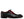 A single men’s Oxford dress shoe featuring a glossy dark brown leather upper with a subtle dark green ombré finish, dark red laces, and a black stacked heel and sole.