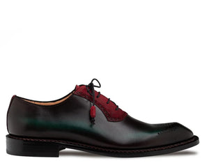 A single men’s Oxford dress shoe featuring a glossy dark brown leather upper with a subtle dark green ombré finish, dark red laces, and a black stacked heel and sole.