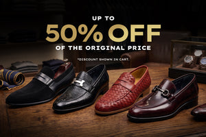 four different style shoes lined up with promotional text for up to 50% off the original price discount shown in cart written over it. 