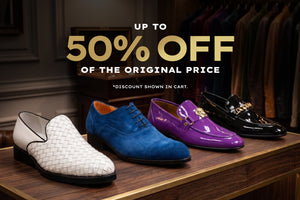 four different style shoes lined up with promotional text for up to 50% off the original price discount shown in cart written over it. 