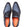 A pair of dark navy blue leather monk strap shoes with silver buckle details and bright orange insoles, shown from a top-down view on a white background.