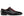 A black leather wingtip oxford shoe with a contrasting burgundy suede wingtip panel, black laces, and a low stacked heel, shown in profile against a white background.