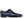 A single men's wingtip oxford shoe in dark navy blue leather, shown from a side profile against a plain white background.