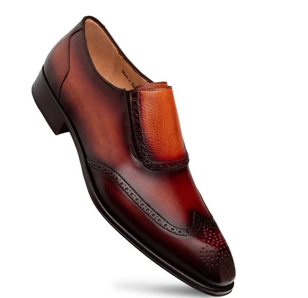 A men's slip-on wingtip shoe in dark brown leather with a gradient finish, shown against a plain white background.