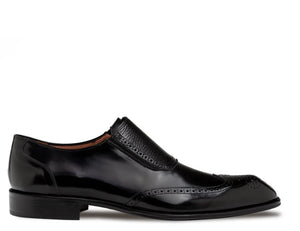 A single black leather slip-on wingtip shoe with brogue detailing, shown in profile against a plain white background.