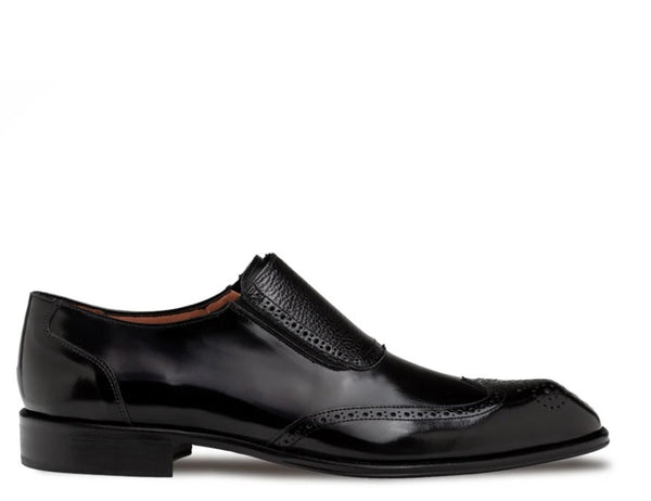 A single black leather slip-on wingtip shoe with brogue detailing, shown in profile against a plain white background.