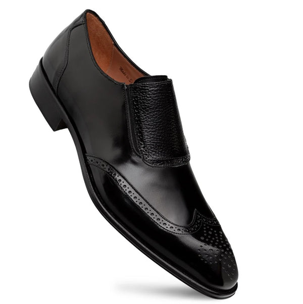 A single black leather dress shoe with a wingtip brogue design shown on a plain white background.