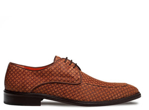 A brown leather lace-up dress shoe with a textured pattern, shown in profile against a plain white background.