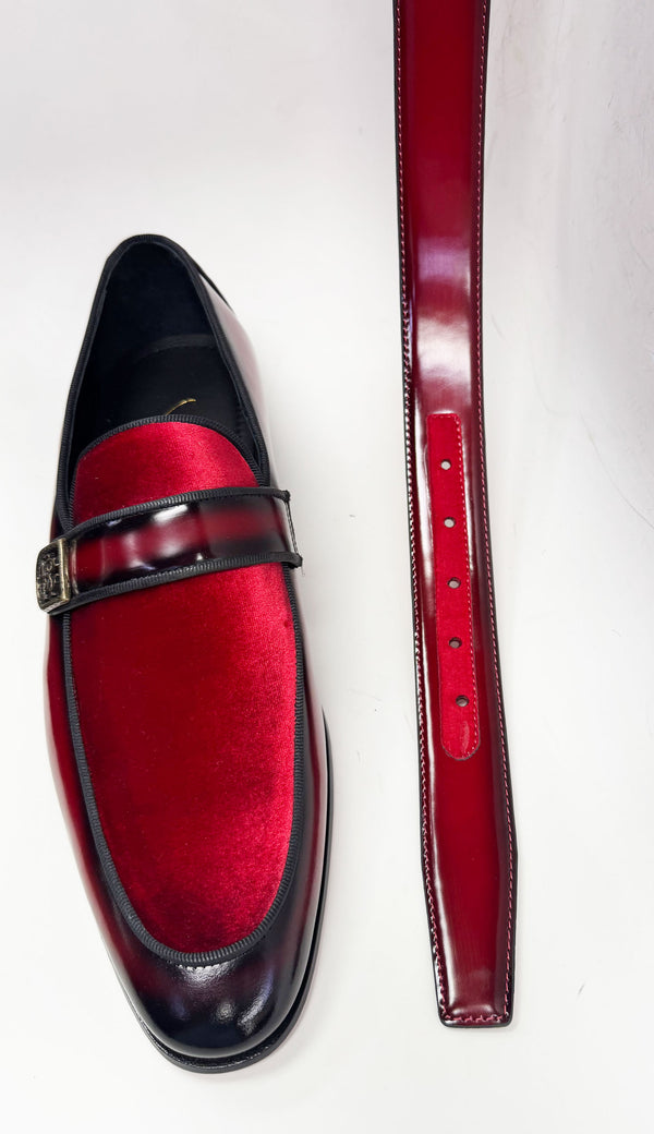 C Collection Leather/Velvet Belt - Red