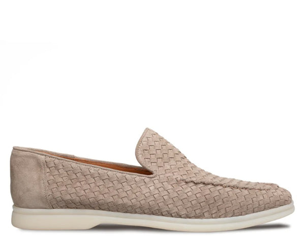 A single woven slip-on loafer in a taupe suede shown from a side profile against a plain white background.