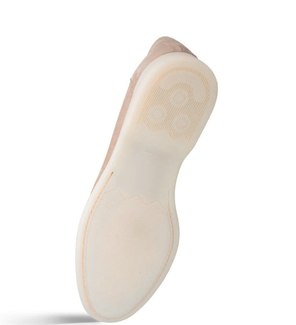 The sole side of a taupe loafers, showing a cream-colored contoured sole with a textured grip pattern, set against a plain white background.