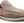 A close-up of a woven slip-on loafer in taupe suede with a white sole, shown against a plain white background.