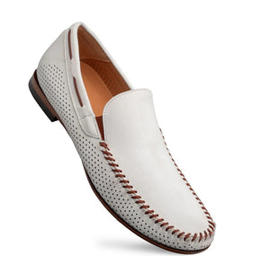 A white leather slip-on loafer with perforated detailing, decorative brown stitching, and a brown sole, shown on a clean white background.