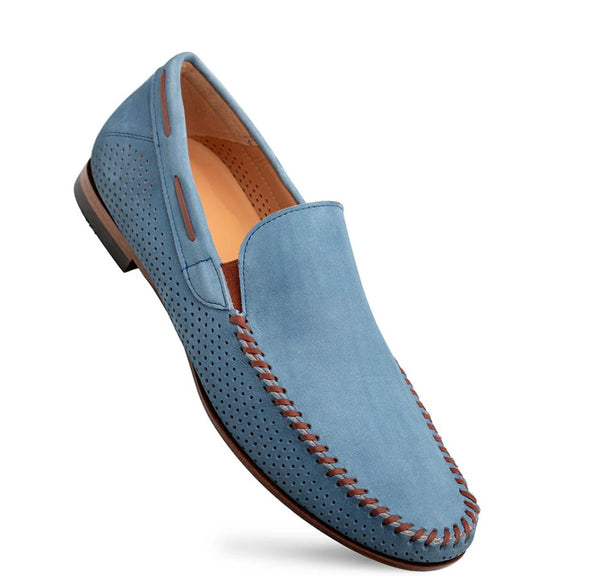 A light blue suede loafer with perforated details on the sides and top, brown stitching around the vamp, and a tan interior lining, shown on a plain white background.