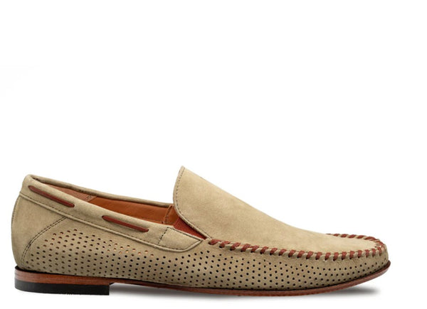 A single beige suede moccasin loafer with perforated detailing on the sides and a contrasting red-brown contrast stitching along the vamp, shown in a white background.