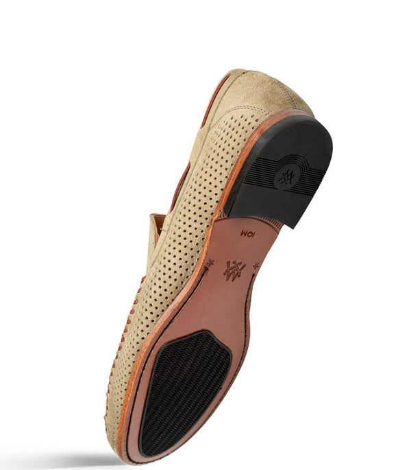 A single men's slip-on loafer shown from a side angle, featuring a beige perforated suede upper, a brown leather midsole, and a black rubber outsole with logo.