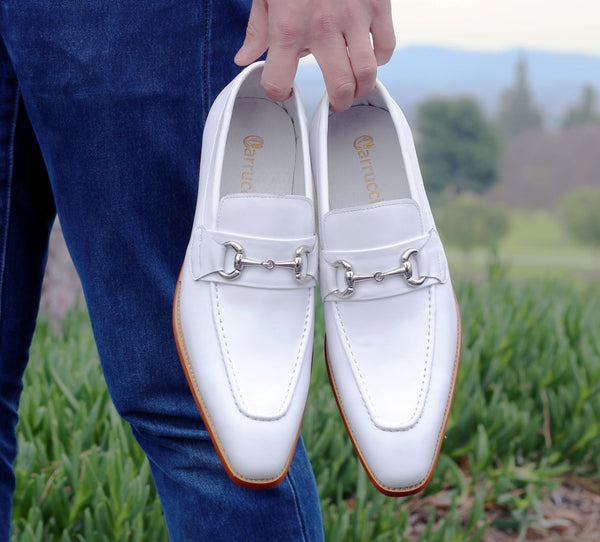 Carrucci Calfskin Horsebit Loafer - White