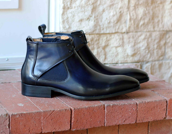 Carrucci Burnished Calfskin Belt - Navy