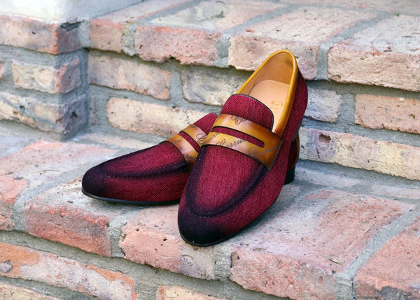Carrucci Canvas Calfskin Loafer - Burgundy/Camel
