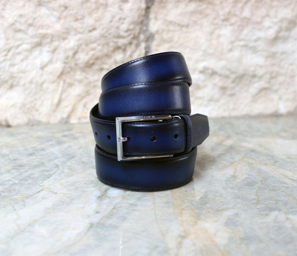Carrucci Burnished Calfskin Belt - Navy