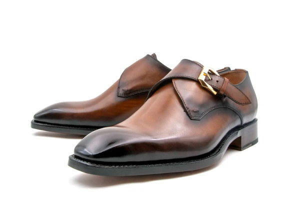 Ugo Vasare "Edward Sr." Burnished Calfskin Monkstrap Shoe Tobacco
