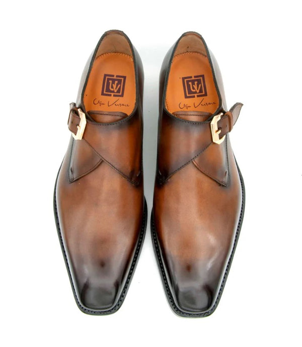 Ugo Vasare "Edward Sr." Burnished Calfskin Monkstrap Shoe Tobacco